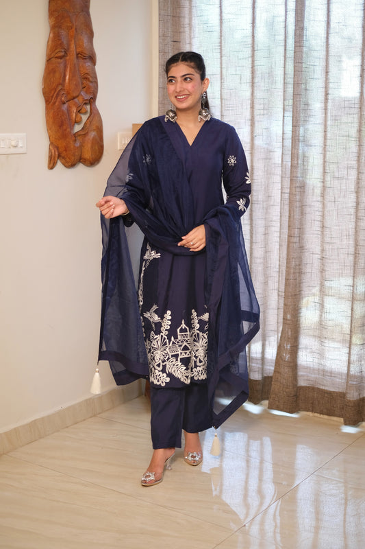 Blue Roman Silk Embroidered Suit Set #1443