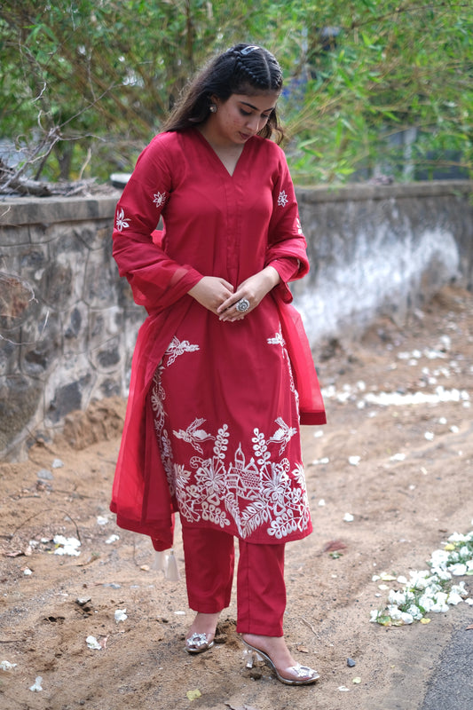 Red Roman Silk Embroidered Suit Set #1444