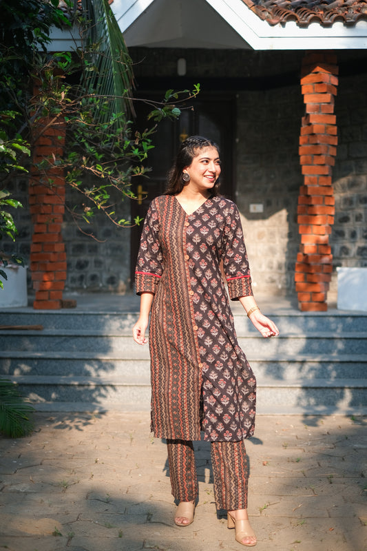 Black Cotton Half & Half Print Kurta Set