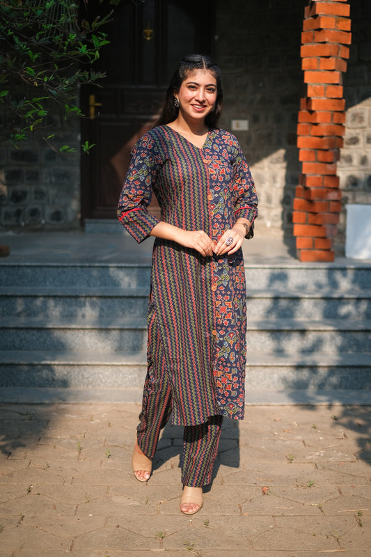 Blue Cotton Half & Half Print Kurta Set #1394