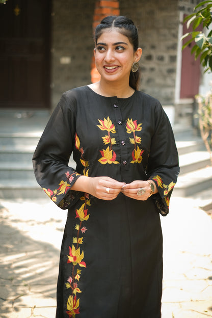 Black Roman Silk Embroidered Kurta Set #1392