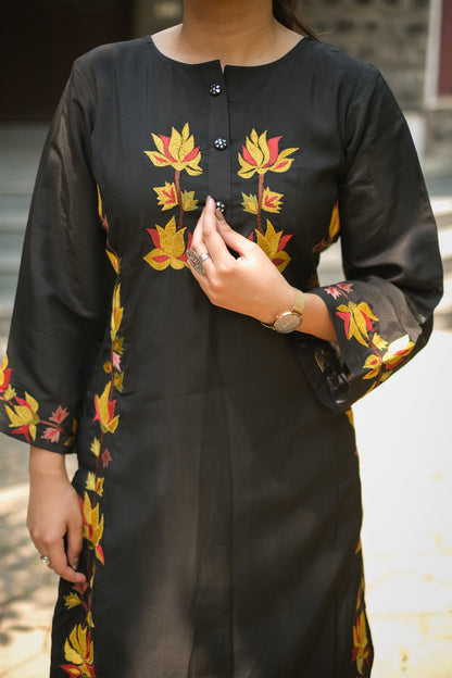 Black Roman Silk Embroidered Kurta Set #1392
