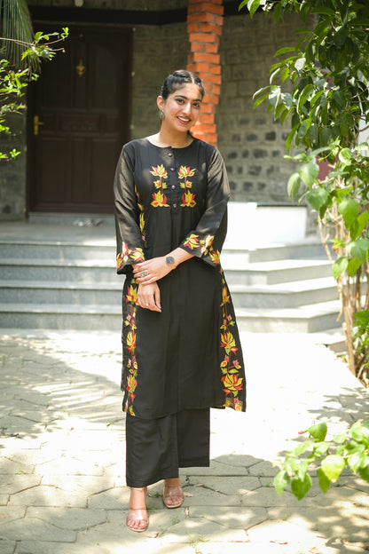 Black Roman Silk Embroidered Kurta Set #1392