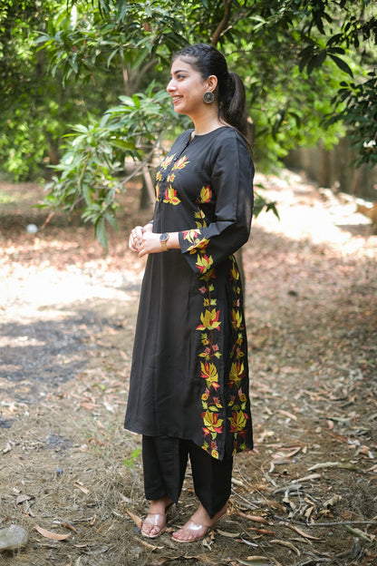 Black Roman Silk Embroidered Kurta Set #1392