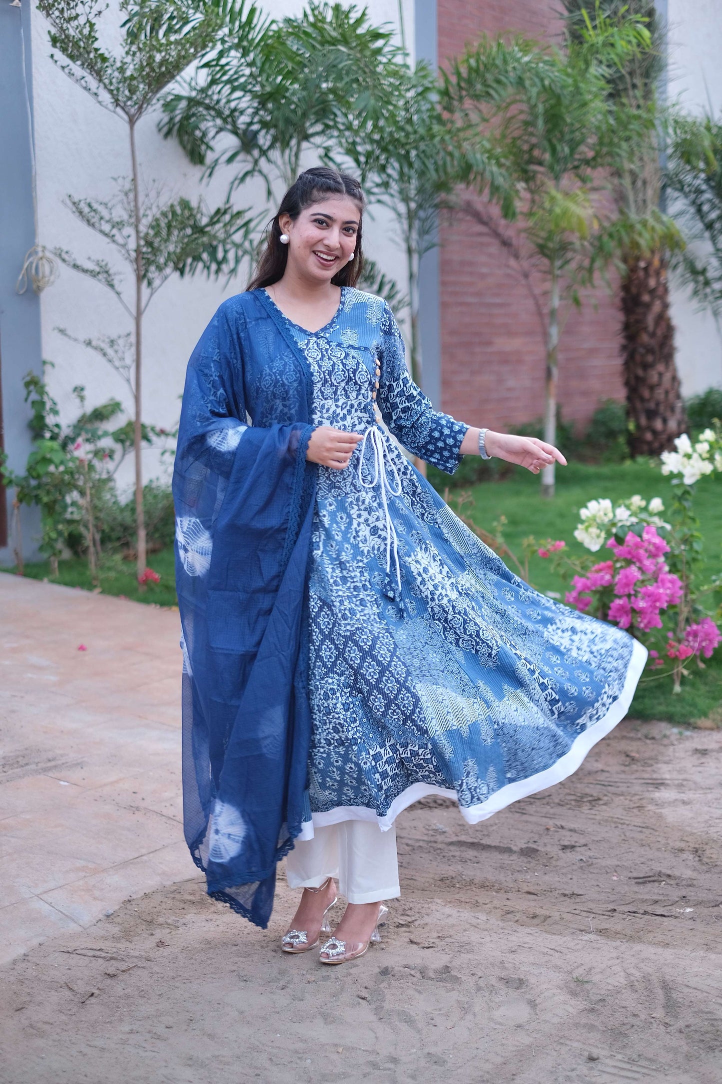 Blue Cotton Angrakha Style Anarkali Set #1399
