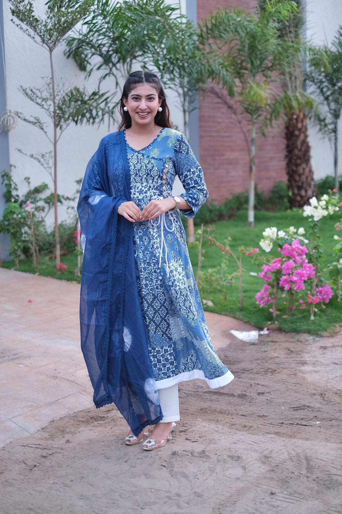 Blue Cotton Angrakha Style Anarkali Set #1399
