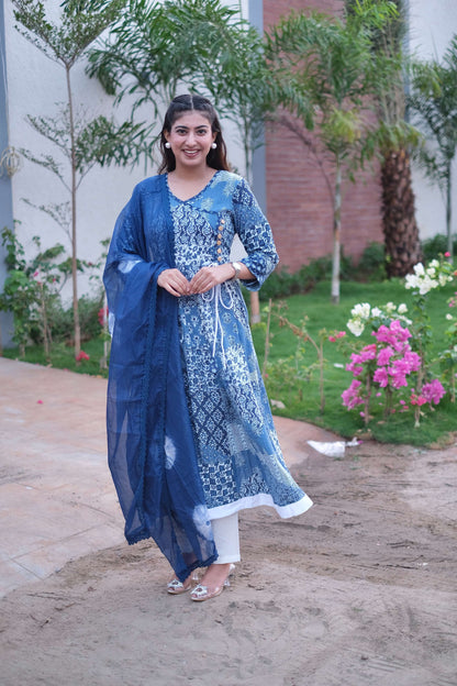 Blue Cotton Angrakha Style Anarkali Set #1399