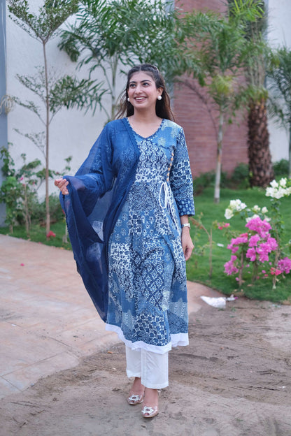 Blue Cotton Angrakha Style Anarkali Set #1399
