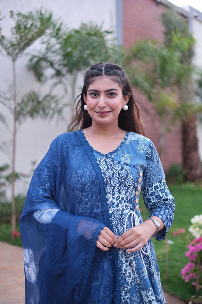 Blue Cotton Angrakha Style Anarkali Set #1399