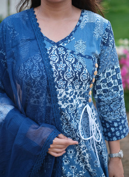 Blue Cotton Angrakha Style Anarkali Set #1399