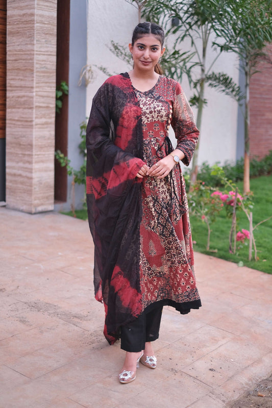 Black Cotton Angrakha Style Anarkali Set #1398