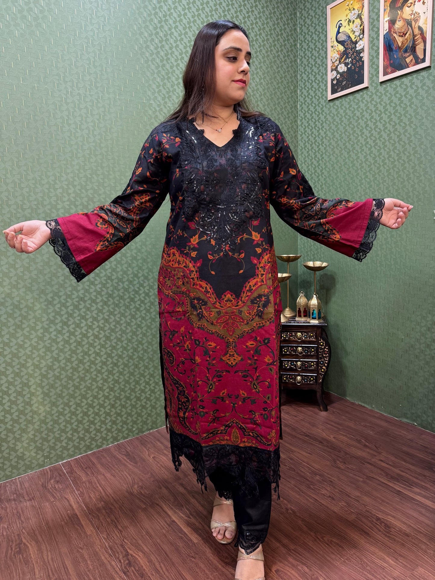 Black & Maroon Pakistani Lawn Cotton Suit Set #1833