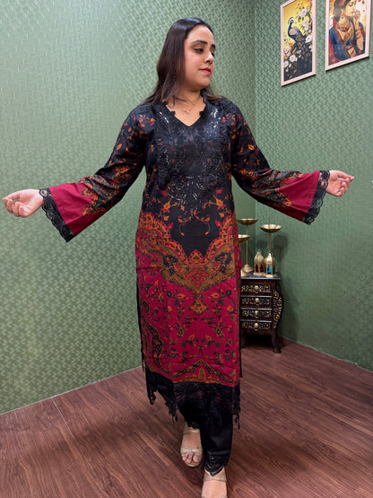 Black & Maroon Pakistani Lawn Cotton Suit Set #1833