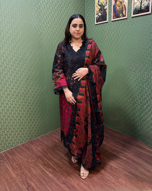 Black & Maroon Pakistani Lawn Cotton Suit Set #1833