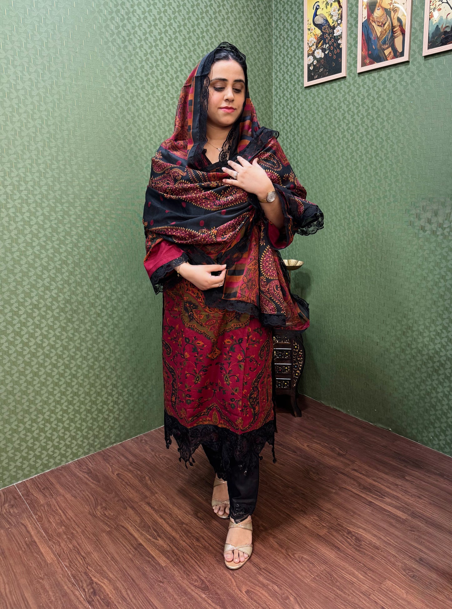 Black & Maroon Pakistani Lawn Cotton Suit Set #1833