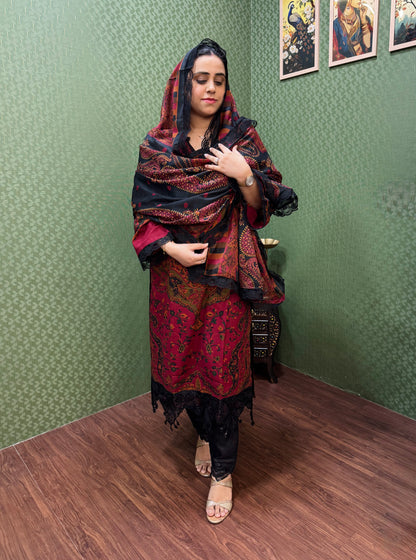 Black & Maroon Pakistani Lawn Cotton Suit Set #1833