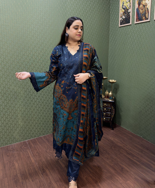 Teal & Navy Blue Pakistani Lawn Cotton Suit Set #1832