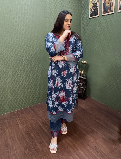 Navy Blue Floral Lawn Cotton Pakistani Suit Set #1831
