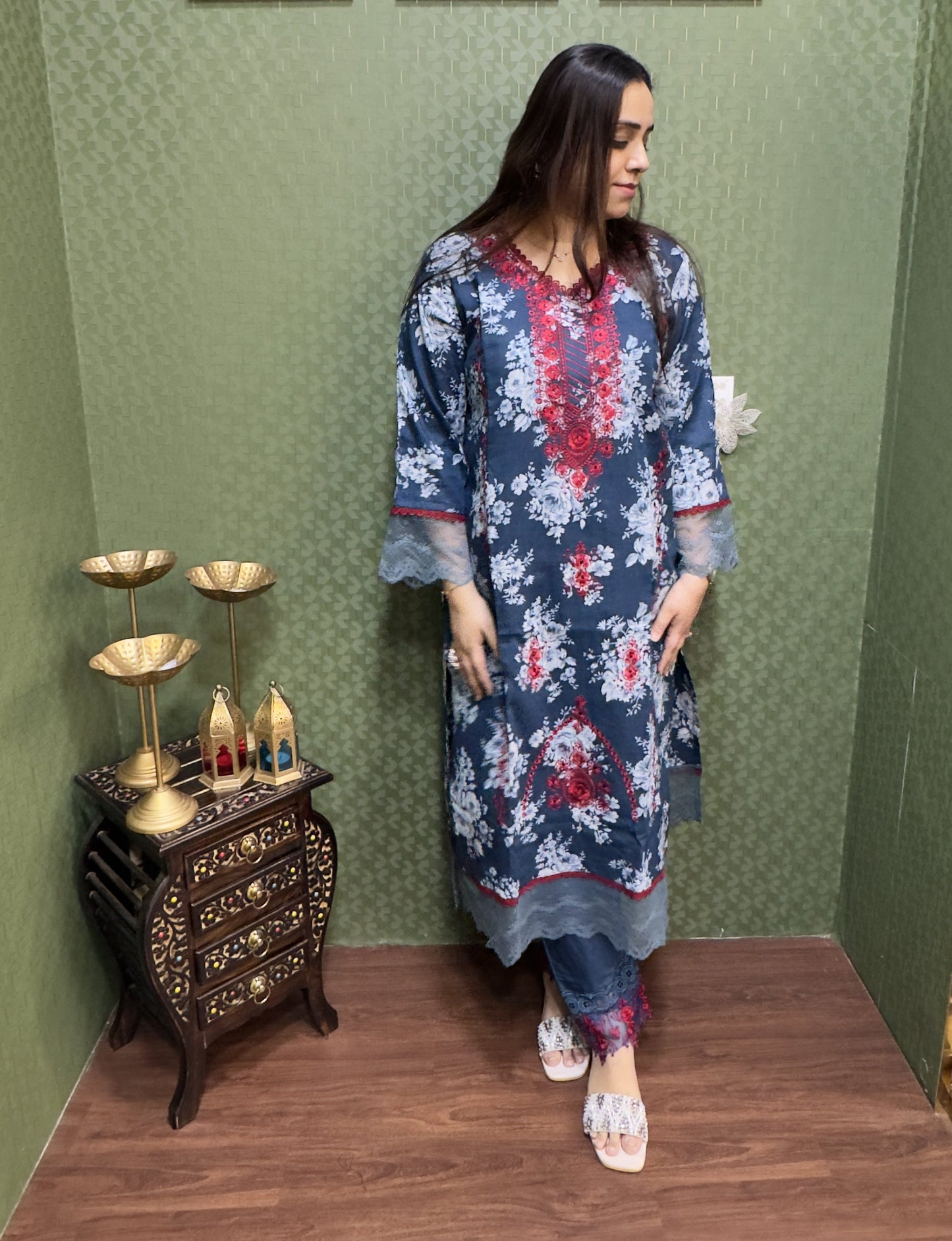Navy Blue Floral Lawn Cotton Pakistani Suit Set #1831