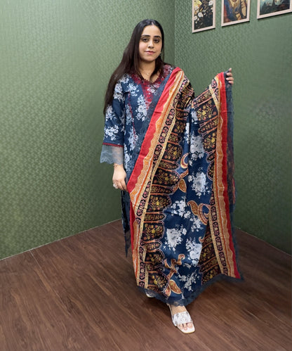 Navy Blue Floral Lawn Cotton Pakistani Suit Set #1831