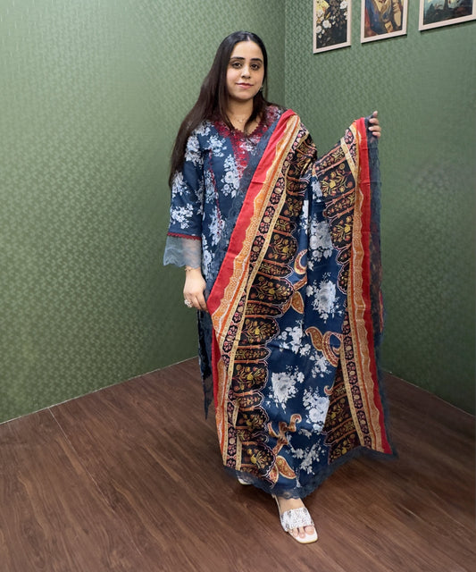 Navy Blue Floral Lawn Cotton Pakistani Suit Set #1831