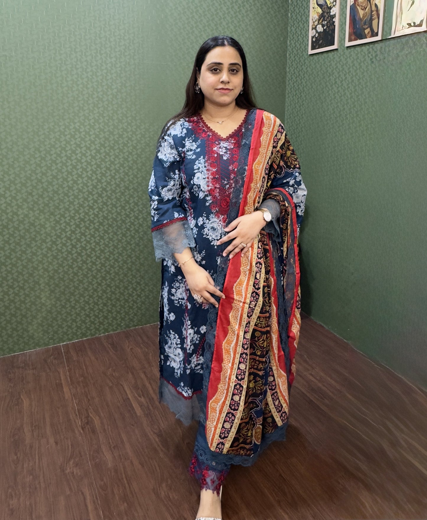 Navy Blue Floral Lawn Cotton Pakistani Suit Set #1831