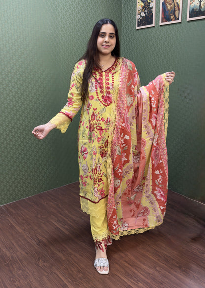 Navy Blue Floral Lawn Cotton Pakistani Suit Set #1831