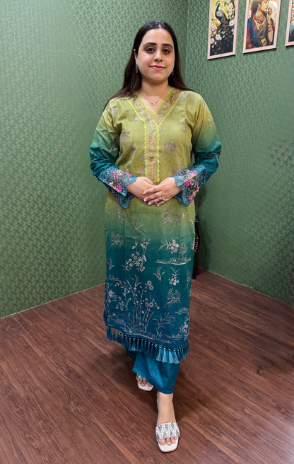 Green & Teal Ombre Pakistani Lawn Cotton Suit #1820
