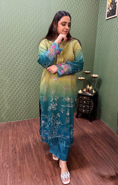 Green & Teal Ombre Pakistani Lawn Cotton Suit #1820