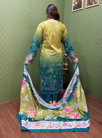 Green & Teal Ombre Pakistani Lawn Cotton Suit #1820