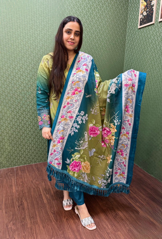 Green & Teal Ombre Pakistani Lawn Cotton Suit #1820