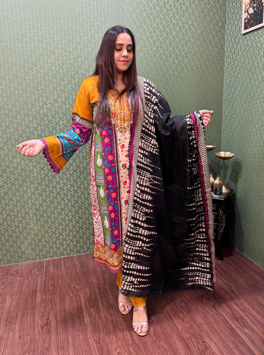 Multicolor Lawn Cotton Pakistani Suit with Mustard Sleeves #1827