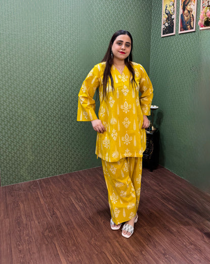 Sunny Yellow Pure Cotton A-Line Co-ord Set for Women #1818