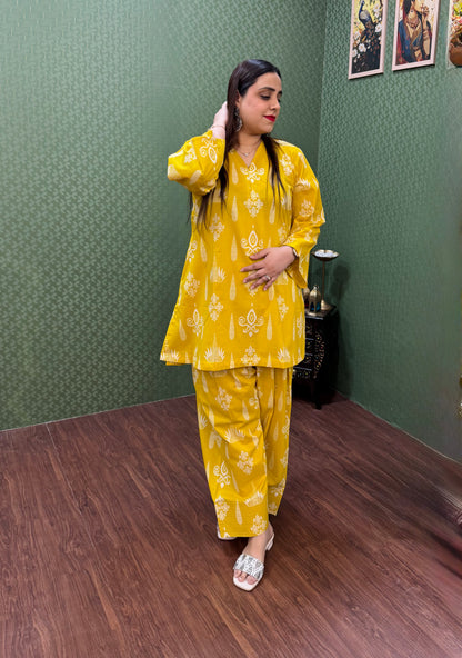 Sunny Yellow Pure Cotton A-Line Co-ord Set for Women #1818
