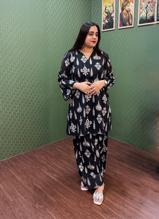 Black Pure Cotton Farshi Salwar A-Line Co-Ord Set  #1819