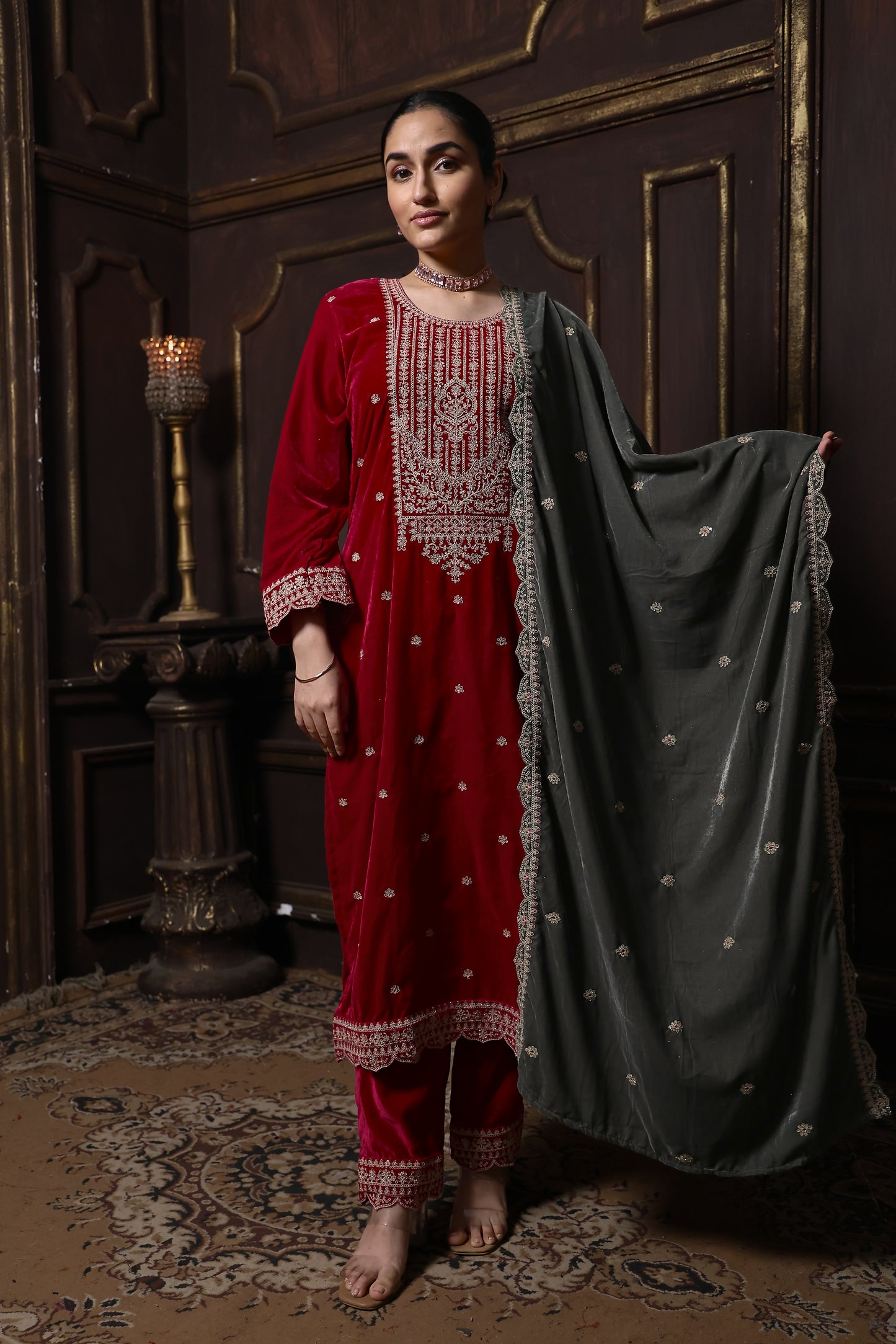 Pink & Grey Designer Velvet Suit #1733