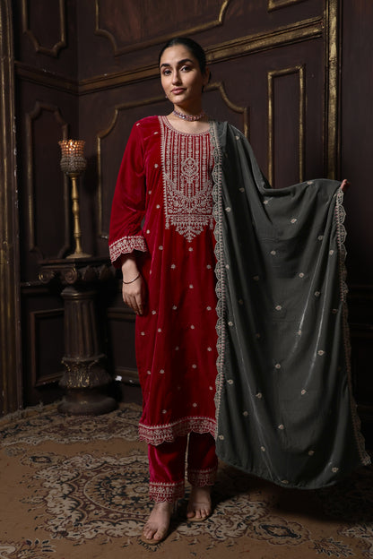 Pink & Grey Designer Velvet Suit #1733