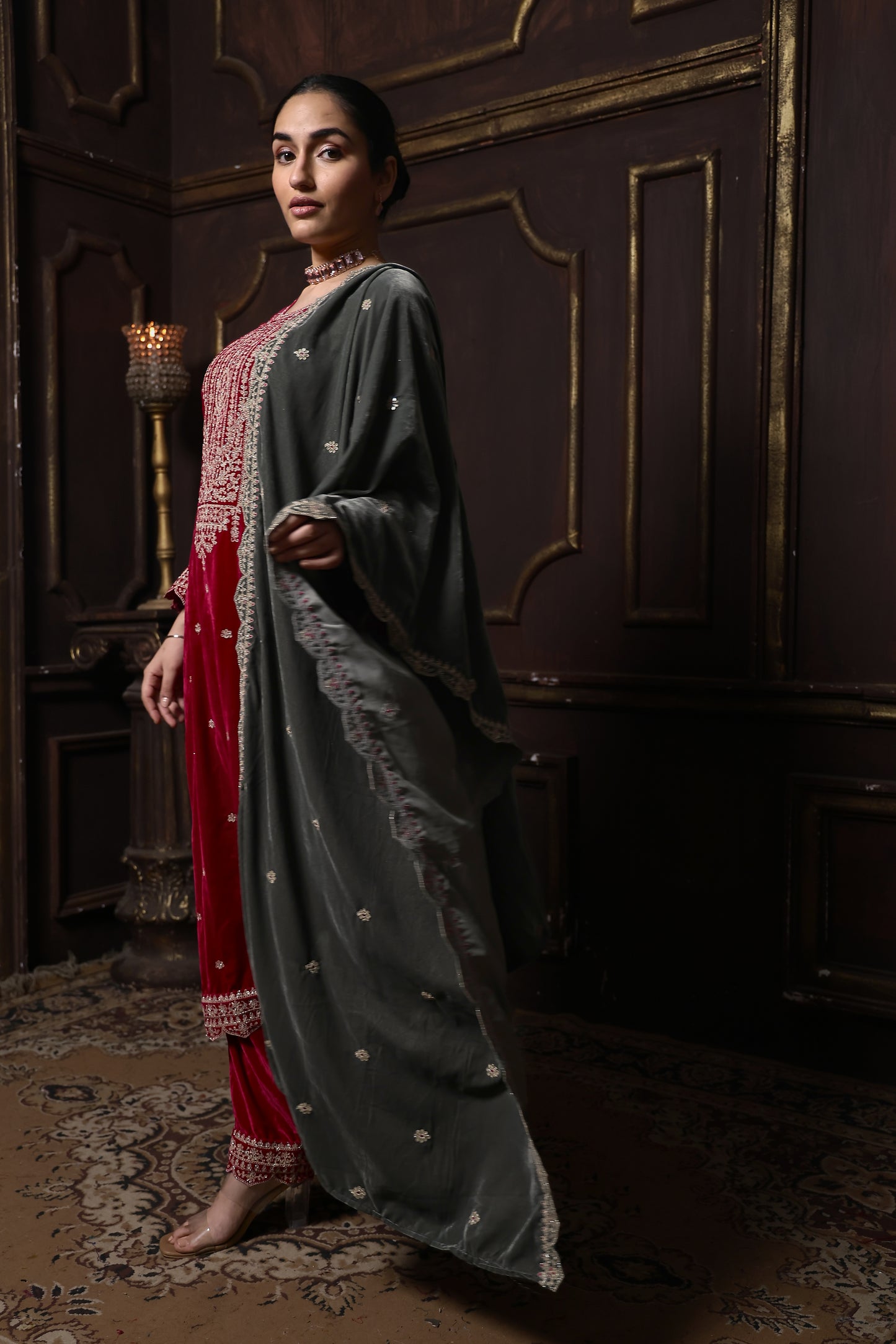 Pink & Grey Designer Velvet Suit #1733