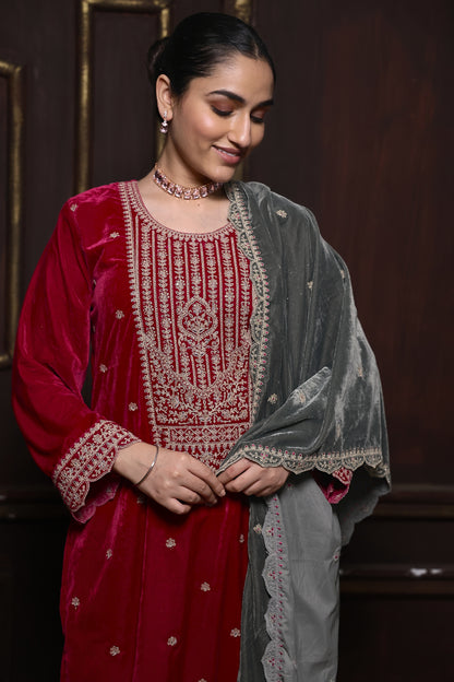 Pink & Grey Designer Velvet Suit #1733