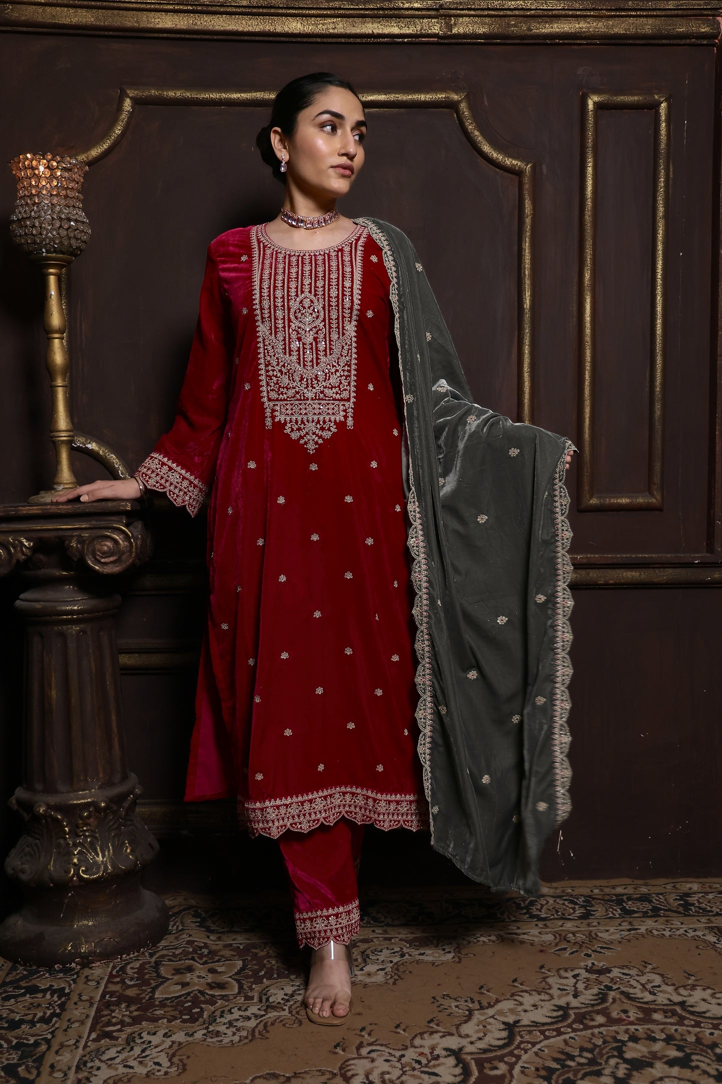 Pink & Grey Designer Velvet Suit #1733