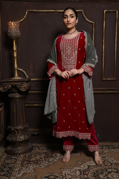 Pink & Grey Designer Velvet Suit #1733