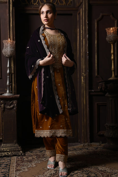 Mustard & Purple Designer Velvet Suit  #1736