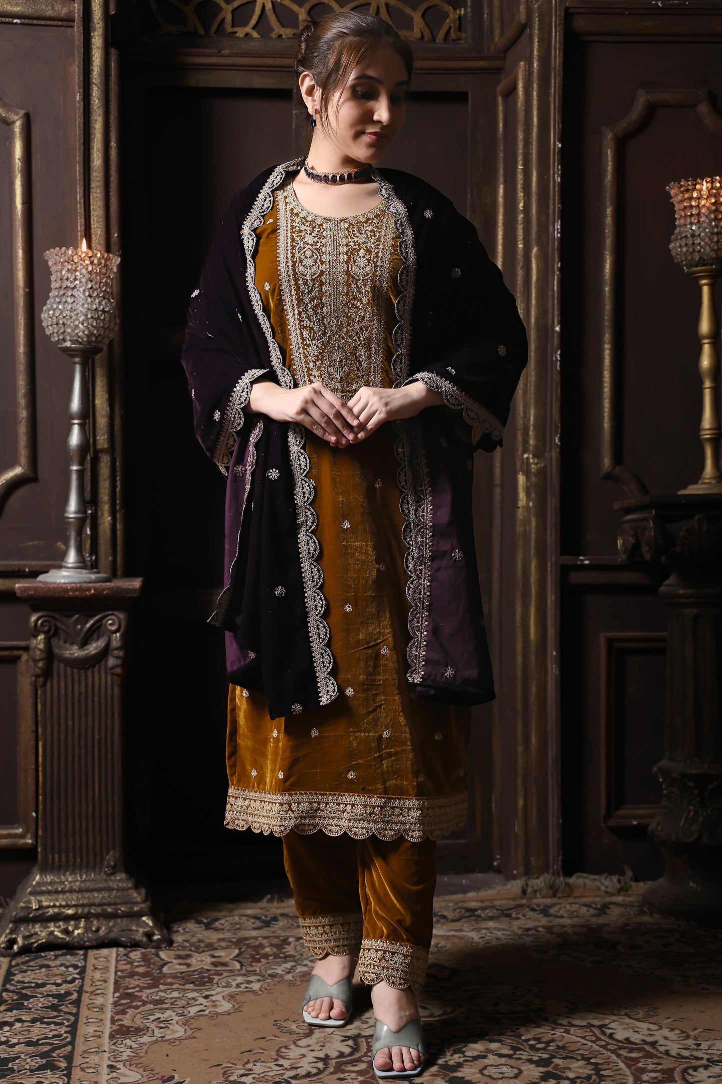 Mustard & Purple Designer Velvet Suit  #1736