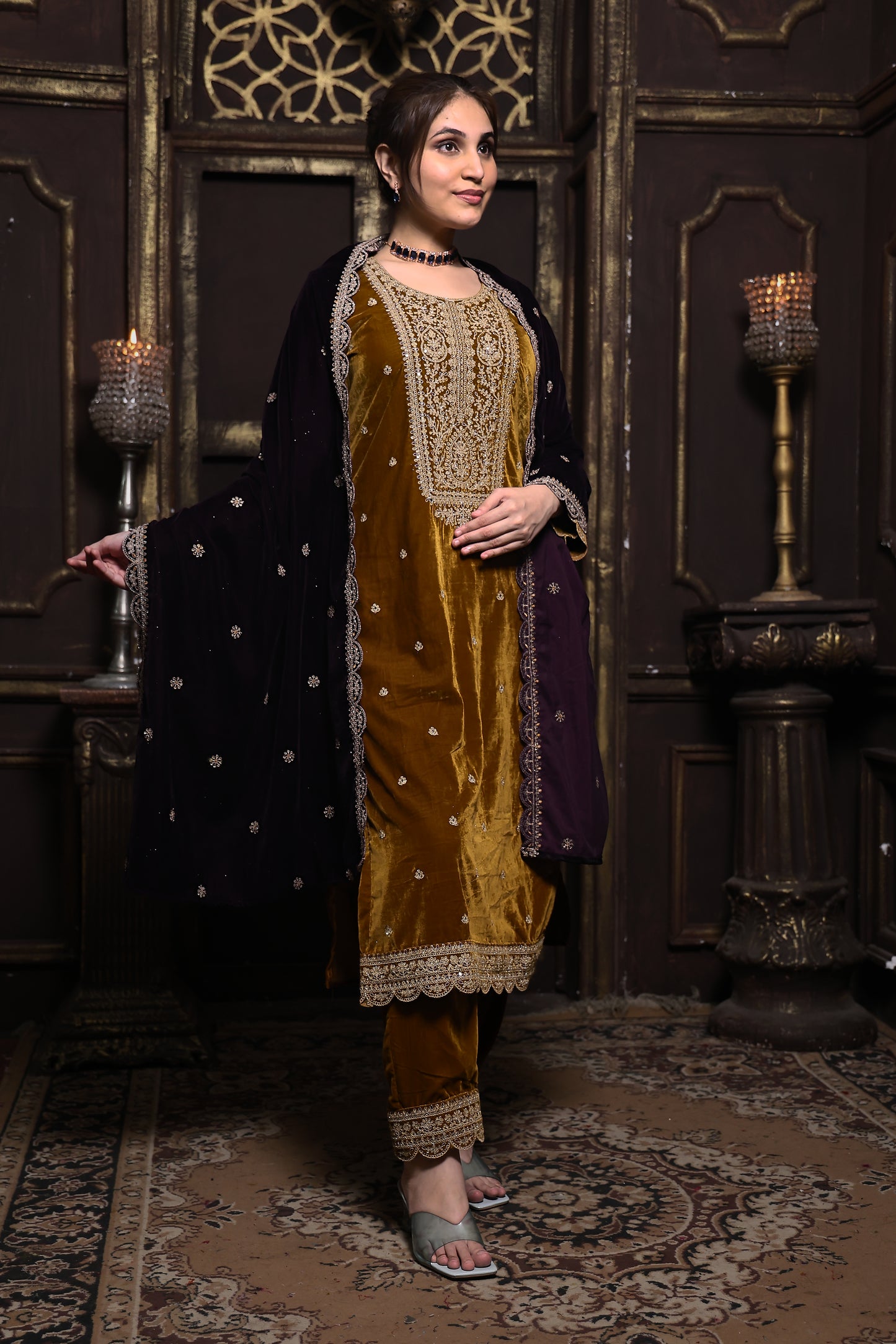 Mustard & Purple Designer Velvet Suit  #1736