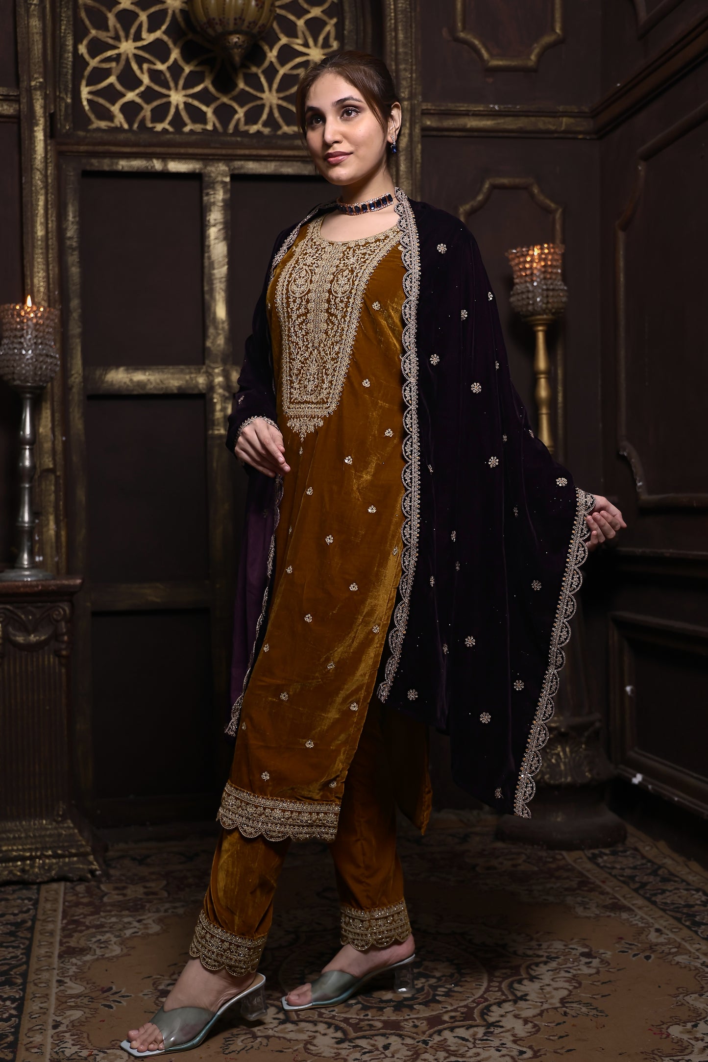 Mustard & Purple Designer Velvet Suit  #1736