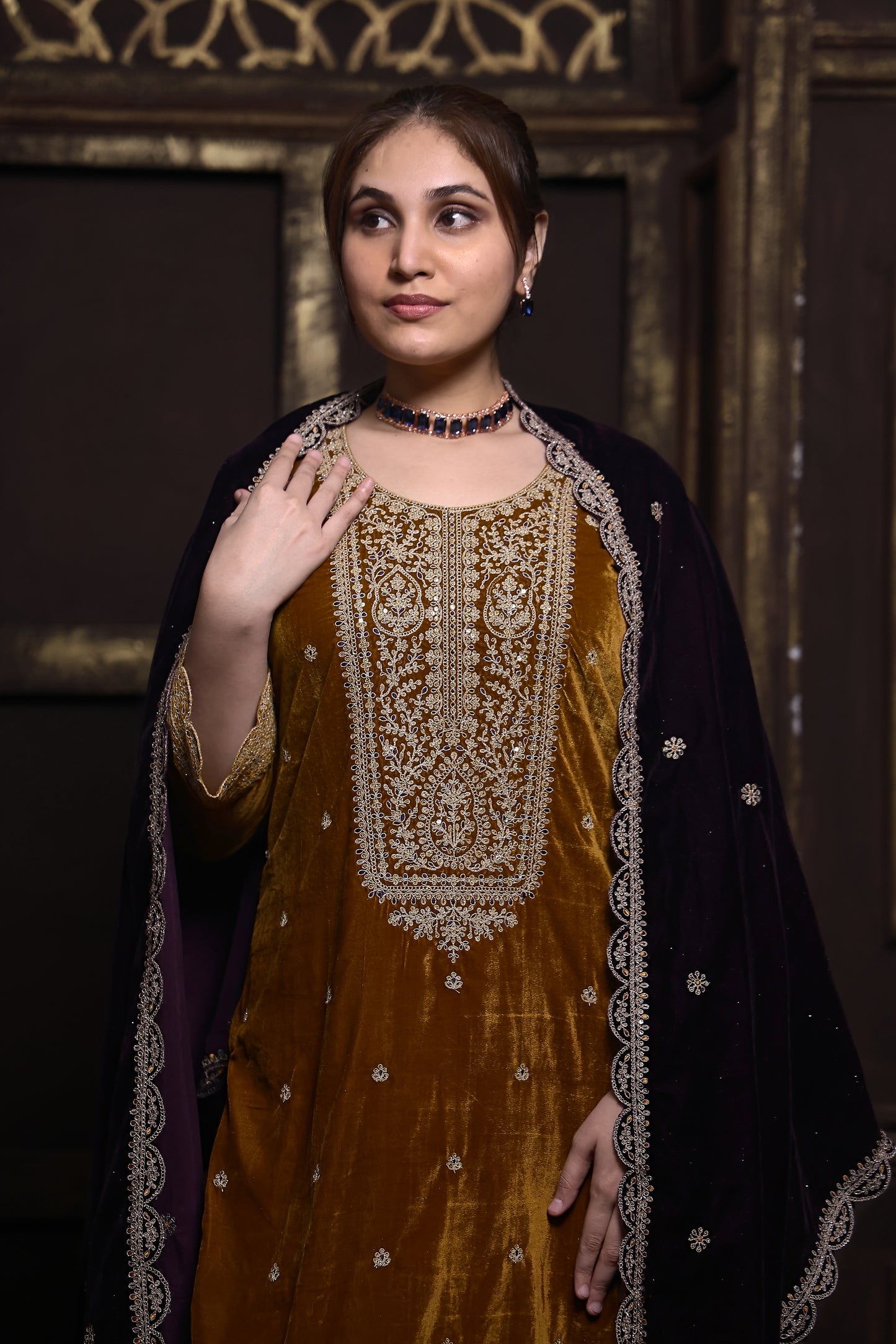 Mustard & Purple Designer Velvet Suit  #1736