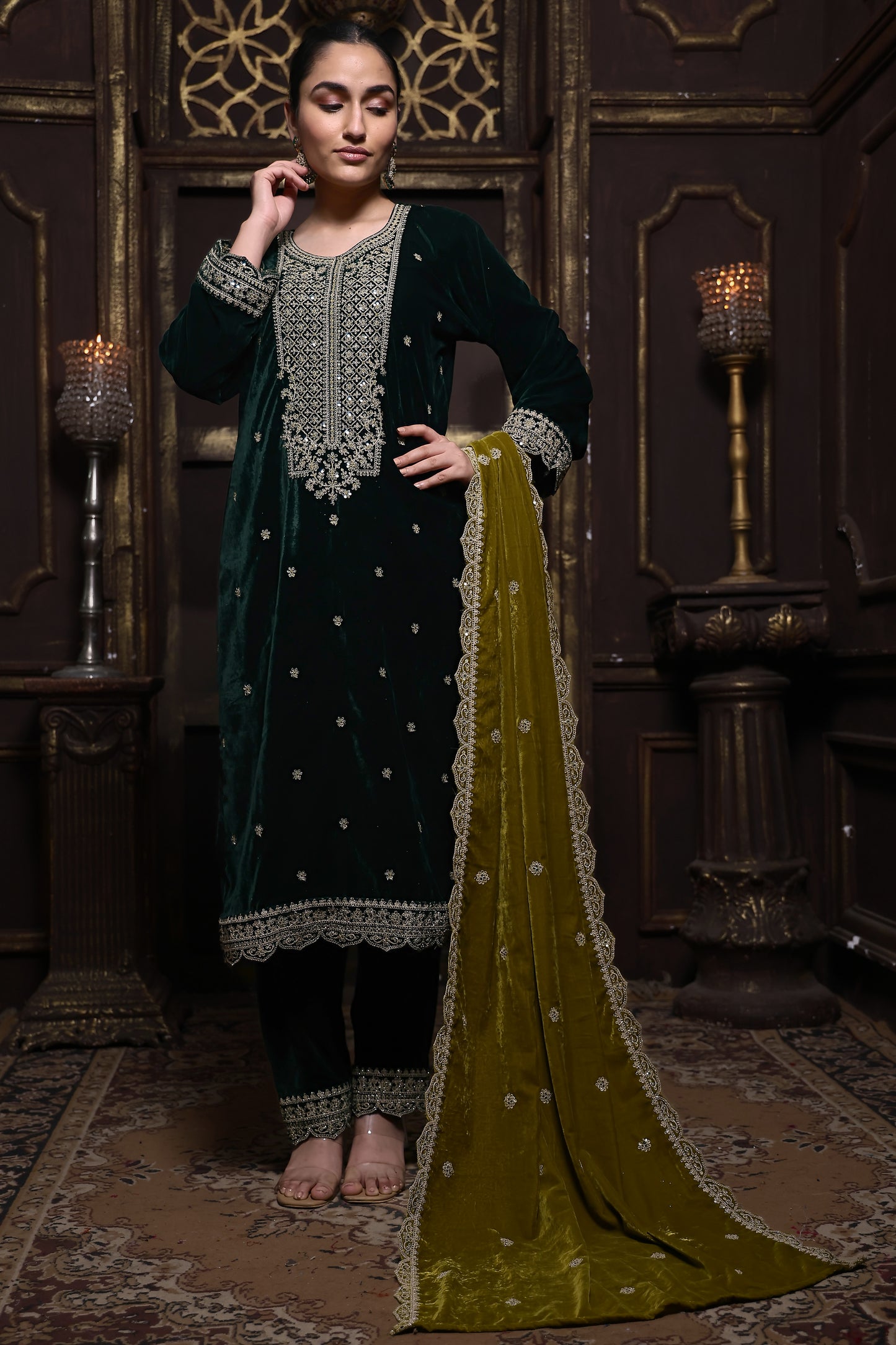 Bottle Green & Olive Green Designer Velvet Suit #1734