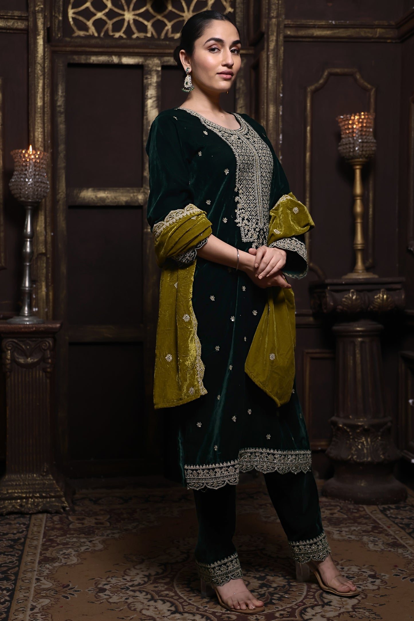 Bottle Green & Olive Green Designer Velvet Suit #1734