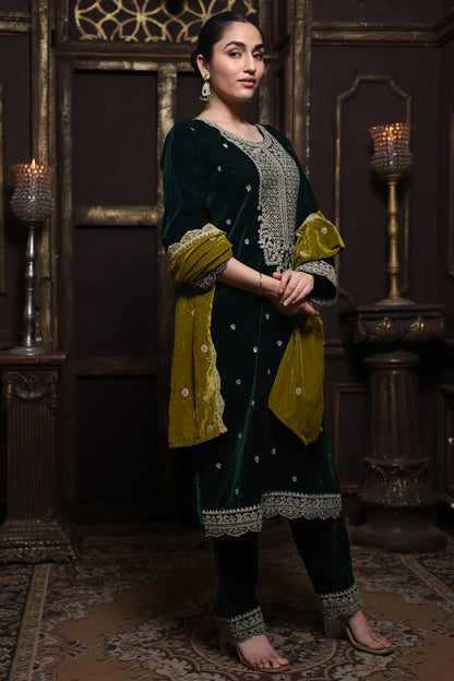 Bottle Green & Olive Green Designer Velvet Suit #1734