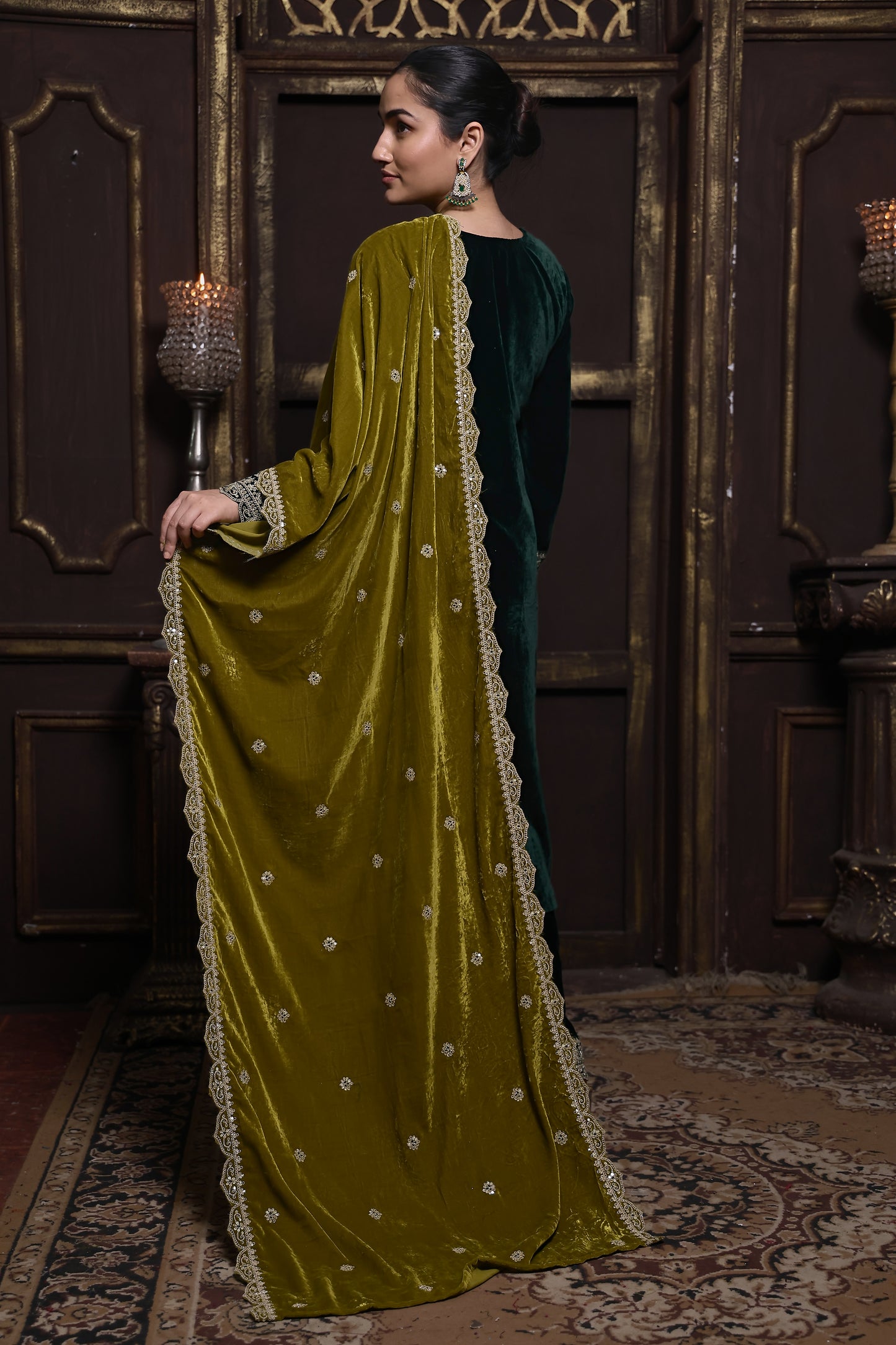 Bottle Green & Olive Green Designer Velvet Suit #1734